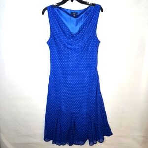 CHAPS Blue Polka Dot Sleeveless Dress Lined Midi Ruffle Hem Cowl Neck, Size 16